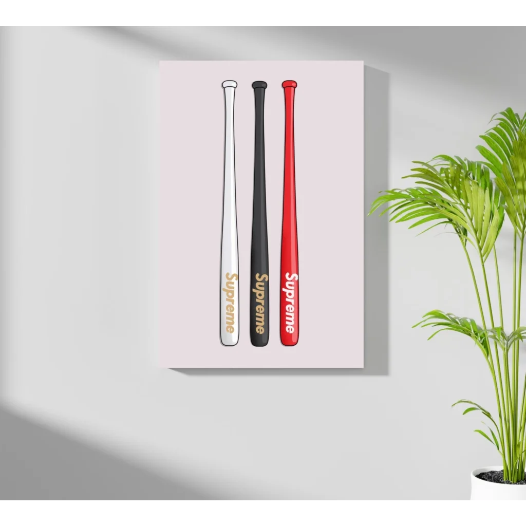 Insigne aluminum prints: minimalist 16x11 inch baseball bats with Supreme logo