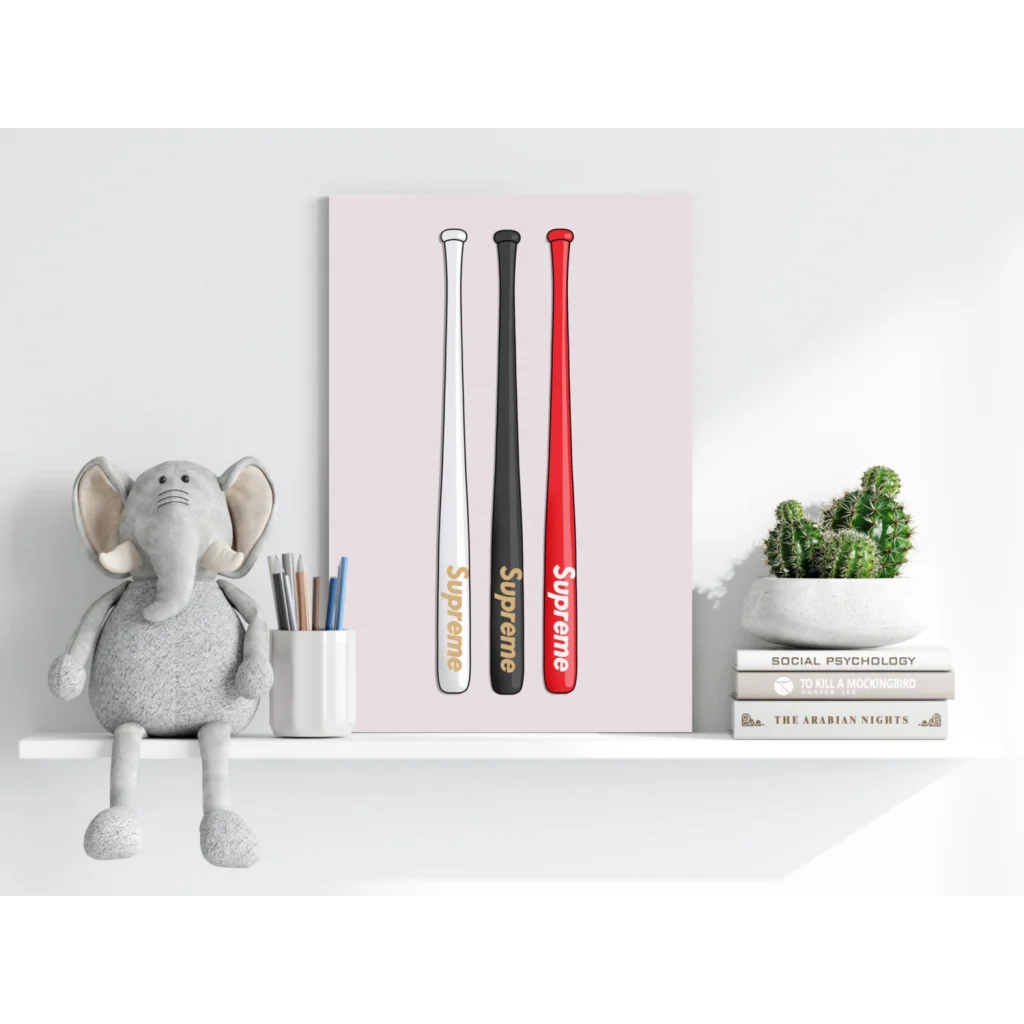 Minimalist insigne aluminum prints of three vertical baseball bats with supreme logo
