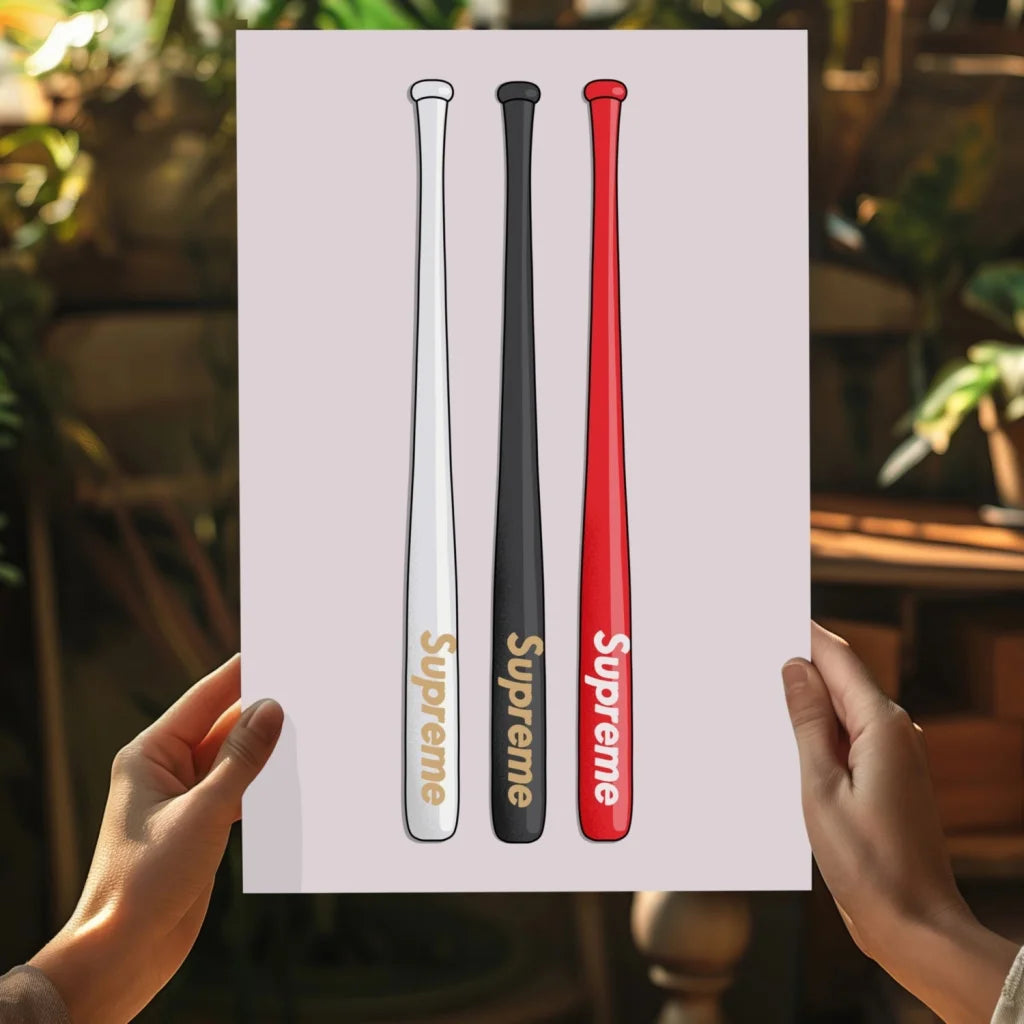 Insigne aluminum prints of minimalist baseball bats with supreme lettering
