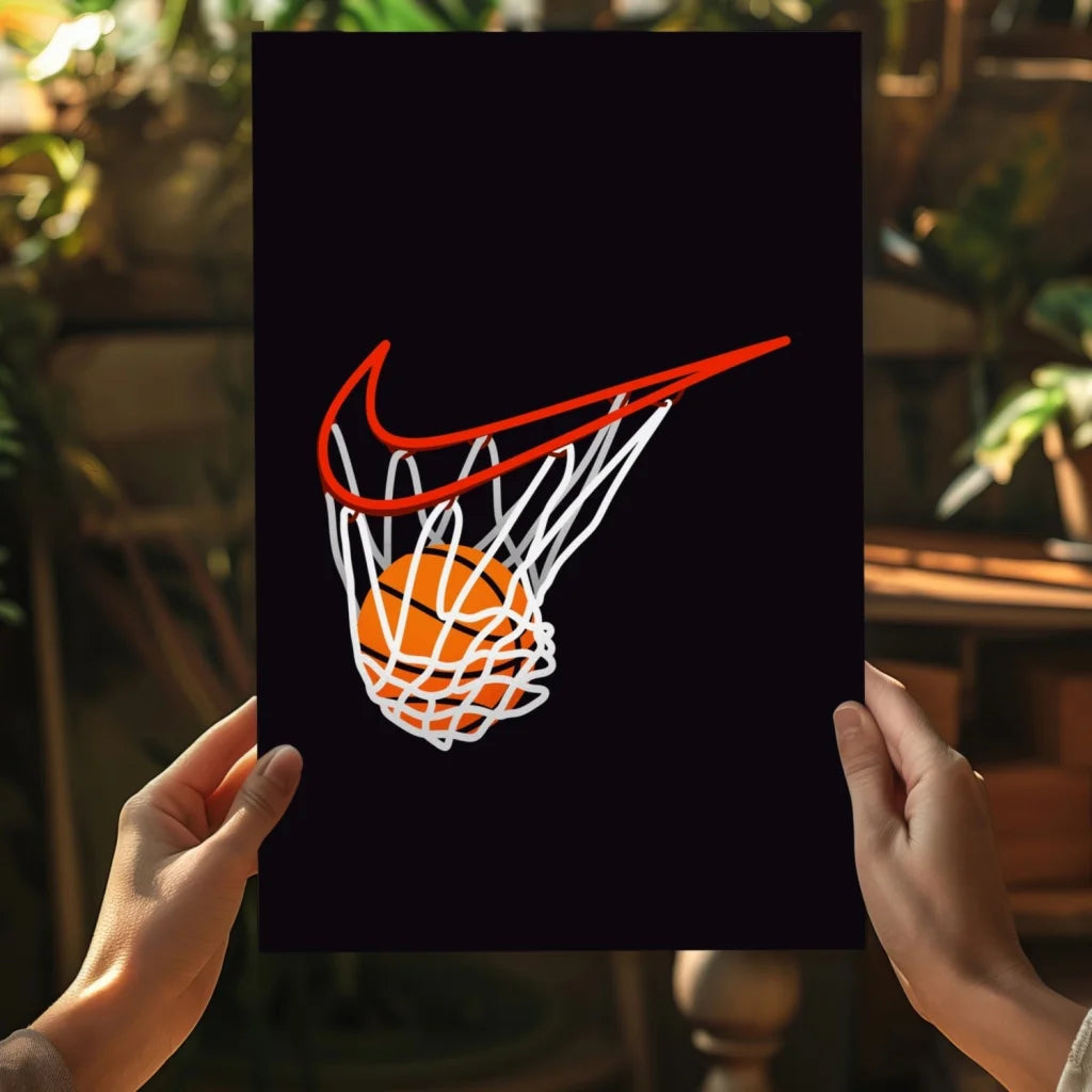 Vibrant orange Nike basketball in white net on black background, Swoosh insigne aluminum print