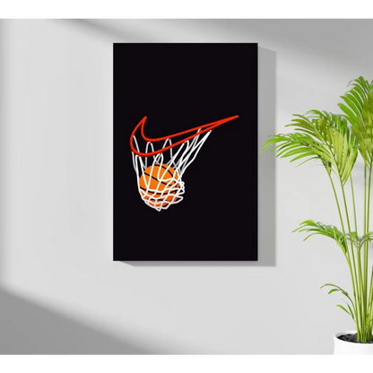 Stylized orange basketball in Nike Swoosh rim on black insigne aluminum print