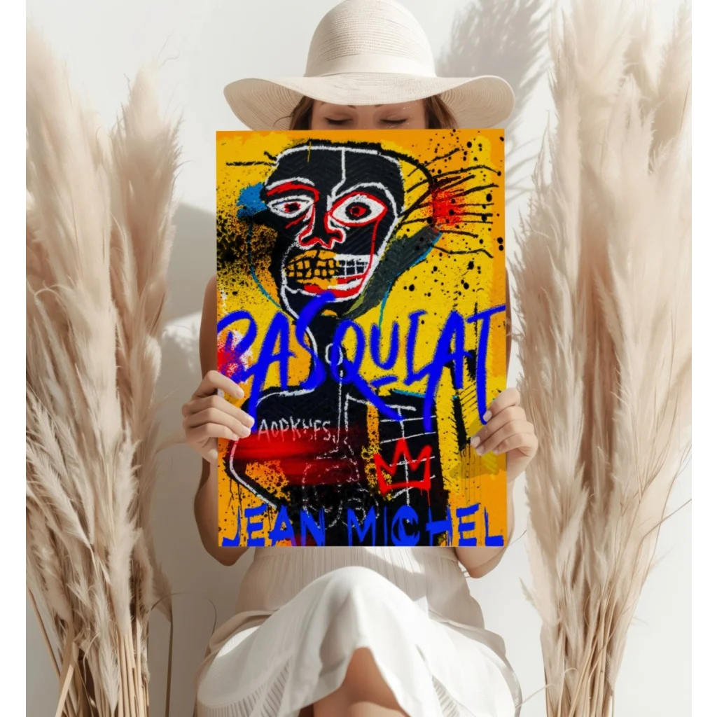 Bold Basquiat graffiti skull on vibrant yellow insigne aluminum print