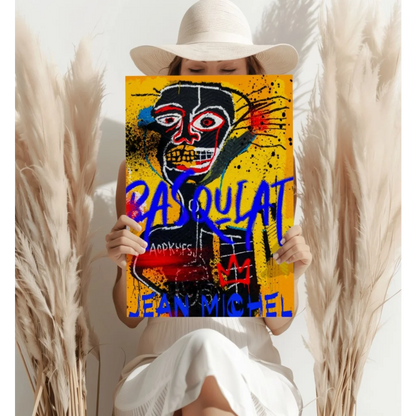 Bold Basquiat graffiti skull on vibrant yellow insigne aluminum print