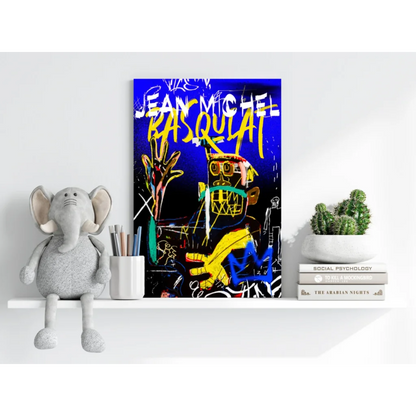 Vibrant electric blue Basquiat graffiti insigne aluminum print with yellow lettering