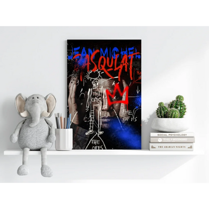 Vibrant Basquiat graffiti insigne aluminum print with red blue lettering and skeletons
