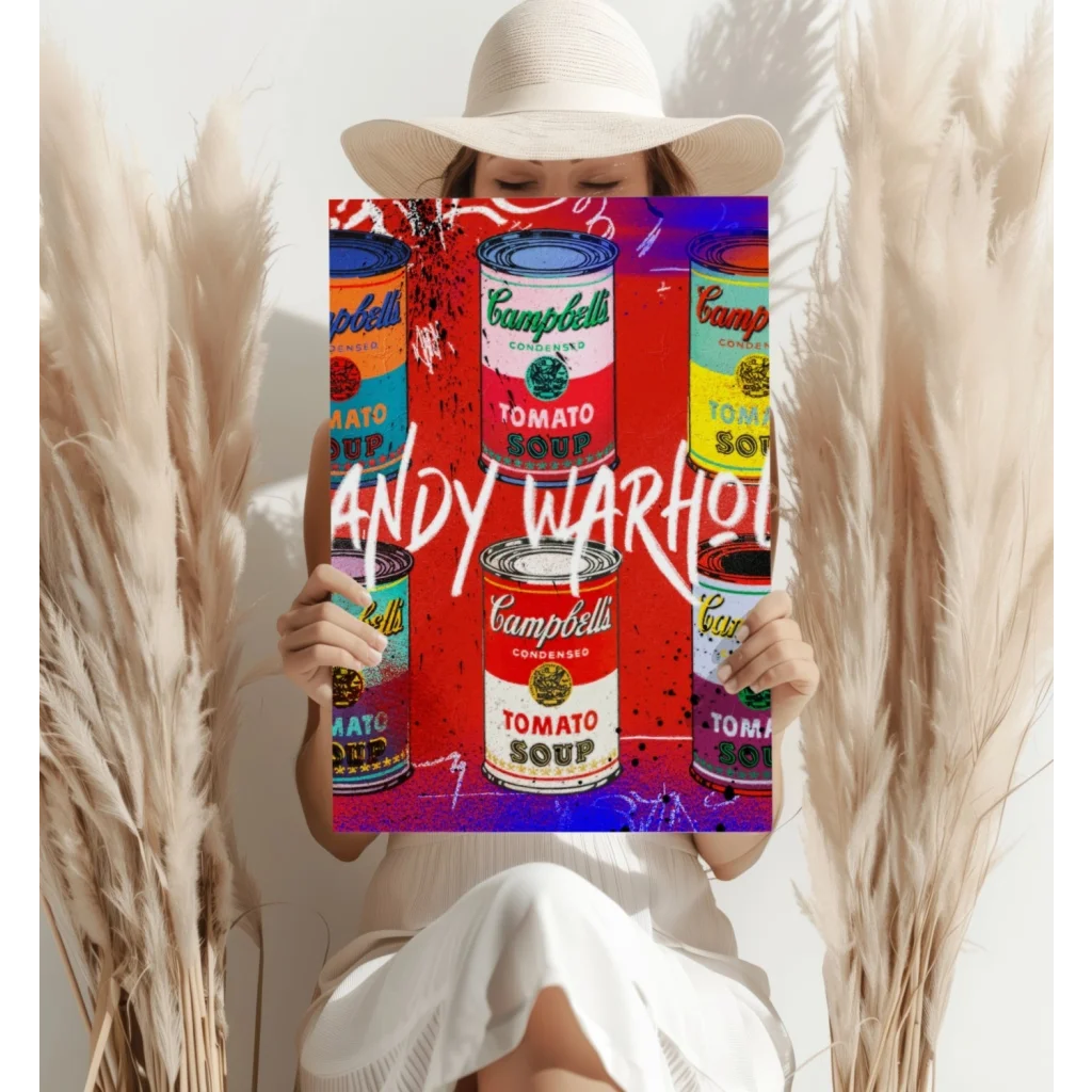 Vibrant Warhol Campbell Soup aluminum prints in bold red, blue, yellow