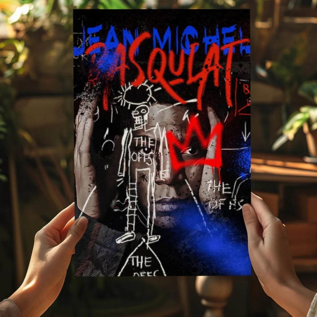 Basquiat graffiti insigne aluminum print with red blue lettering over portrait