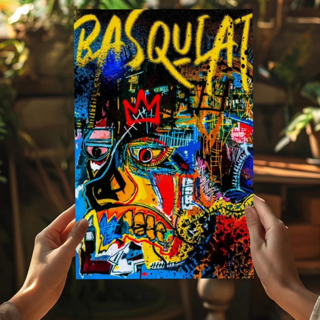 Vibrant Basquiat-style graffiti crowned face on insigne aluminum print