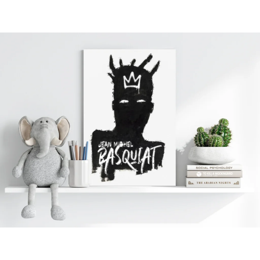 Stylized black and white Jean Michel Basquiat crown portrait canvas print on wall