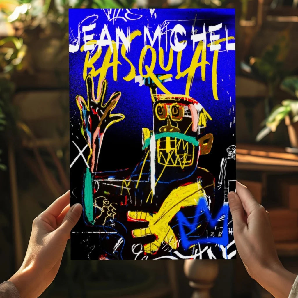 Hands holding vibrant Basquiat graffiti insigne aluminum print in electric blue