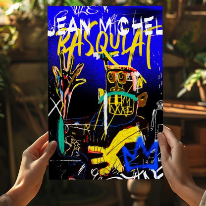 Hands holding vibrant Basquiat graffiti insigne aluminum print in electric blue