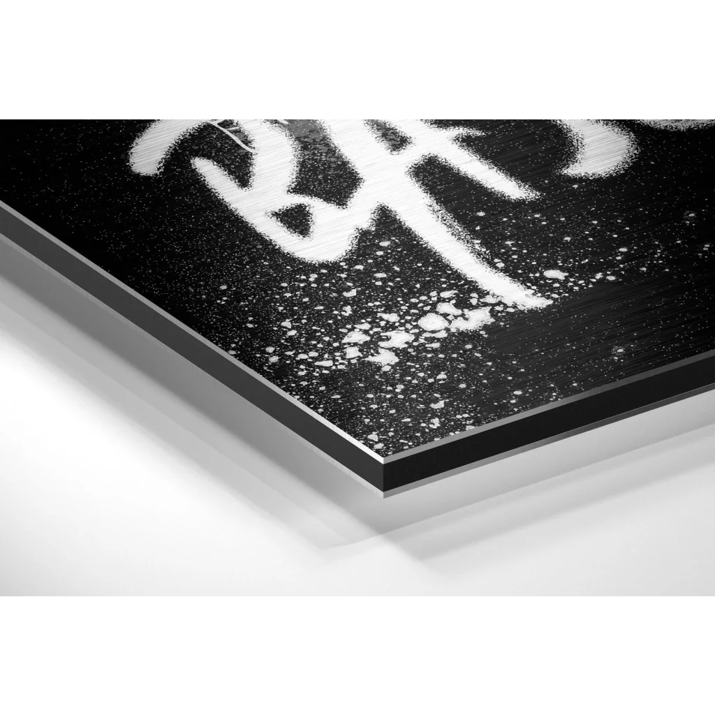 Glass Wall Art Basquiat brushed aluminium dibond print with bold white spray-painted lettering and splatter effects