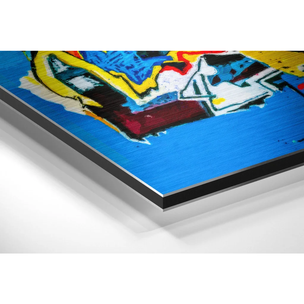 Vibrant graffiti art on brushed aluminium dibond panel with bold strokes