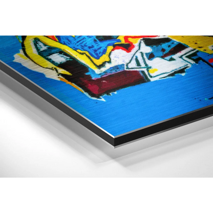 Vibrant graffiti art on brushed aluminium dibond panel with bold strokes