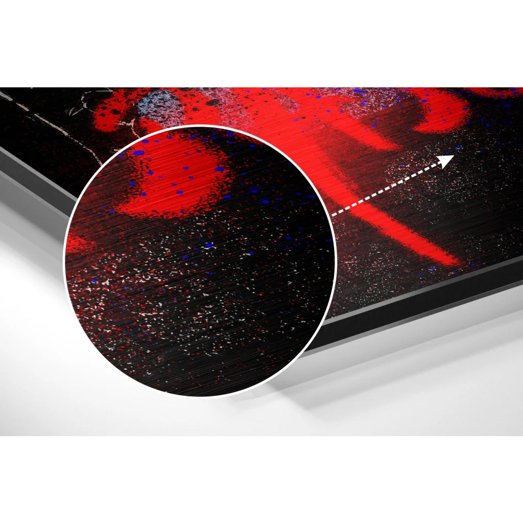 Basquiat style abstract art on brushed aluminium dibond with red blue splatters