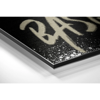 Basquiat graffiti art on brushed aluminium dibond print with gold lettering