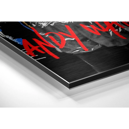 Bold red graffiti on brushed aluminium dibond pop art print