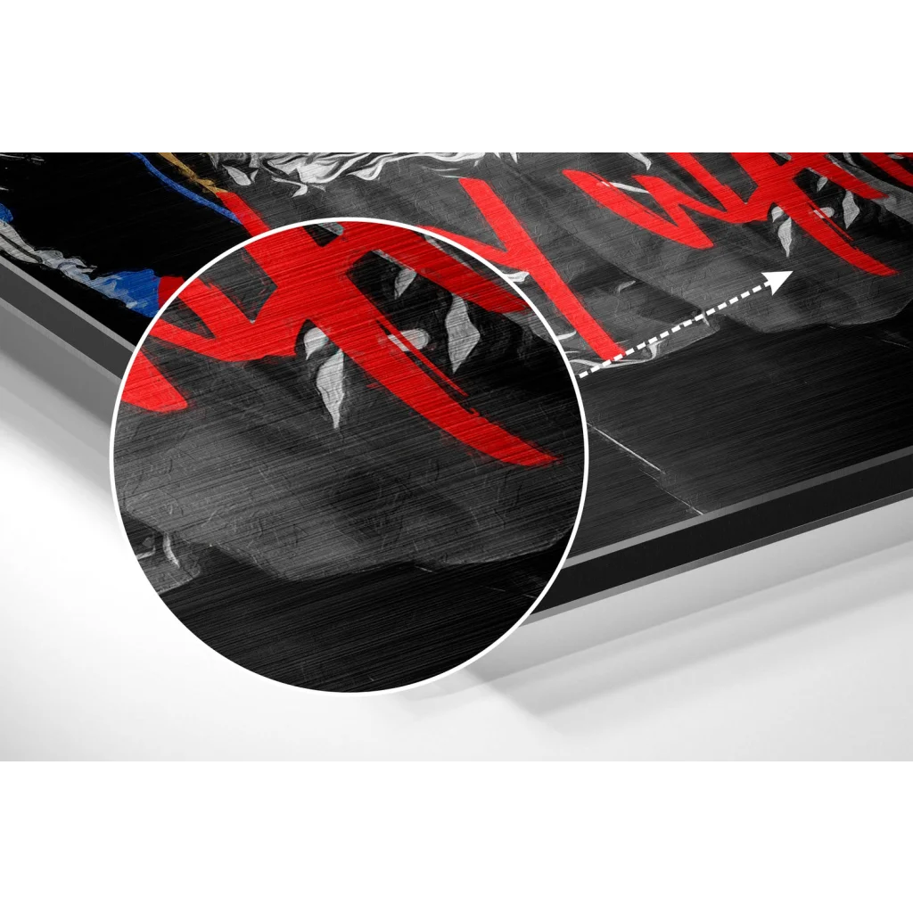 Black and red graffiti pop art on brushed aluminium dibond print