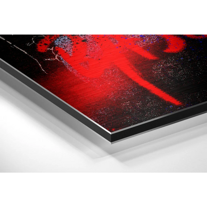 Vibrant red black Basquiat style abstract on brushed aluminium dibond panel