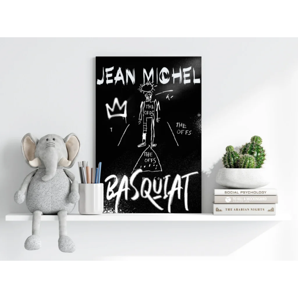 Black canvas print of Jean Michel Basquiat chalk art with crown graffiti text