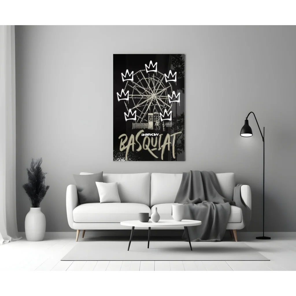 Basquiat Ferris Wheel Crown Glass Wall Art in black and white
