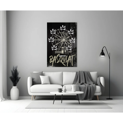 Basquiat Ferris Wheel Crown Glass Wall Art in black and white