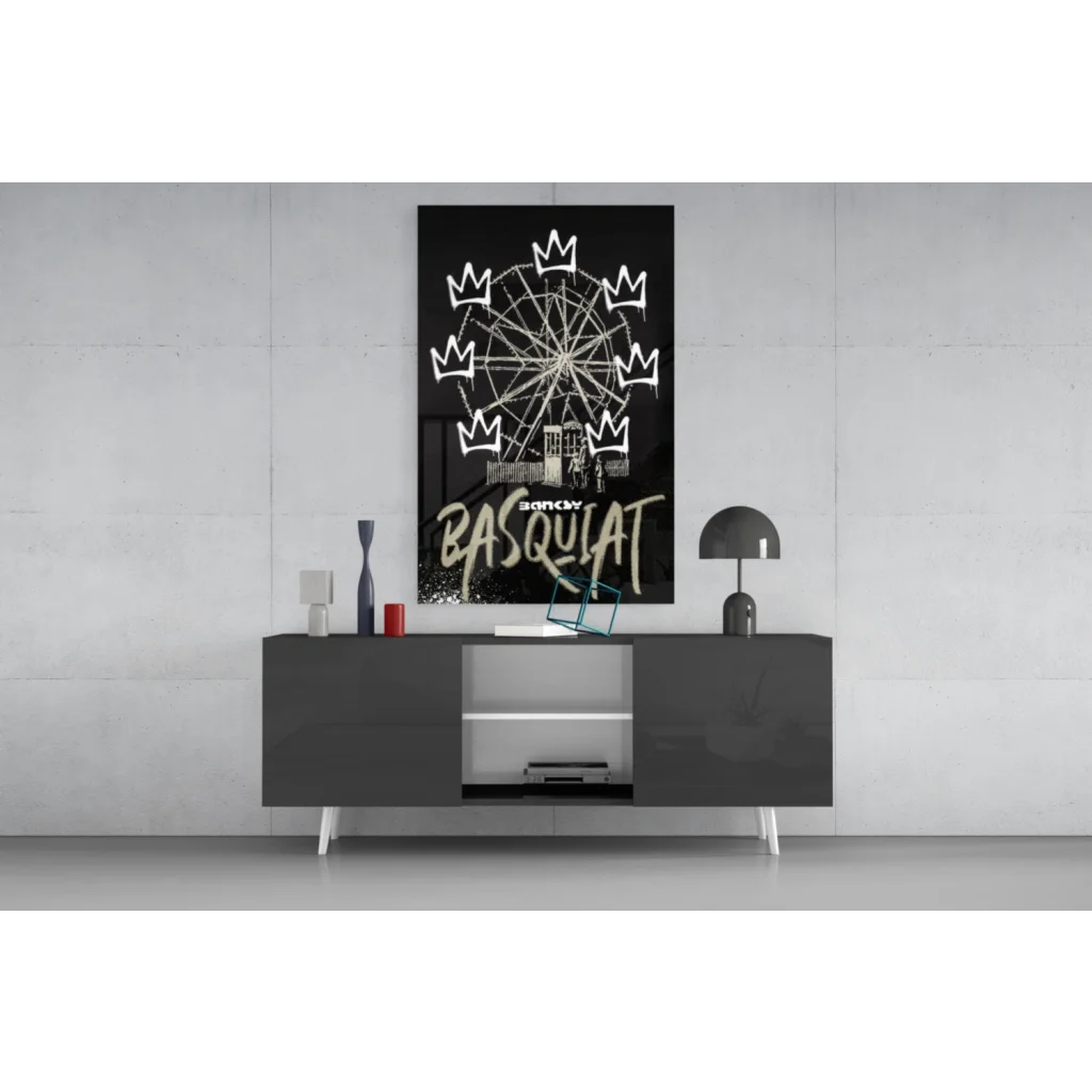 Black white Basquiat Ferris Wheel crown glass wall art on canvas