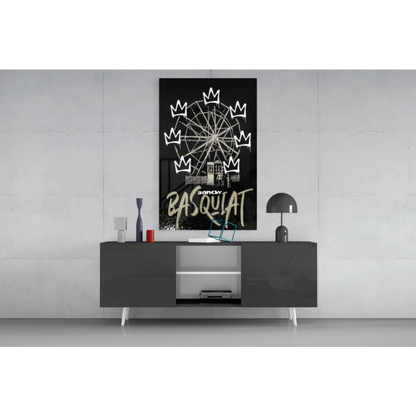Black white Basquiat Ferris Wheel crown glass wall art on canvas