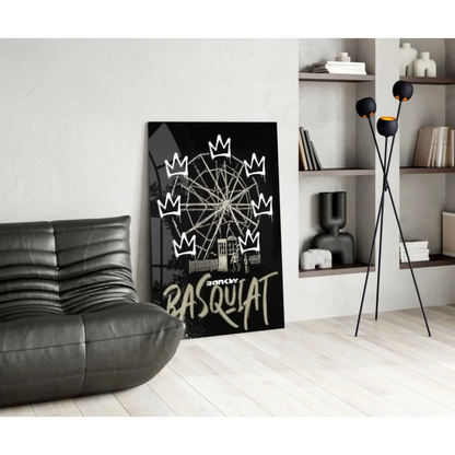 Basquiat Ferris Wheel Crown black white glass wall art