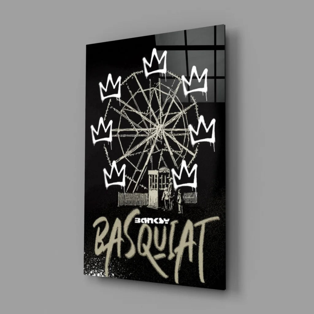 Basquiat Ferris Wheel Crown black white glass wall art