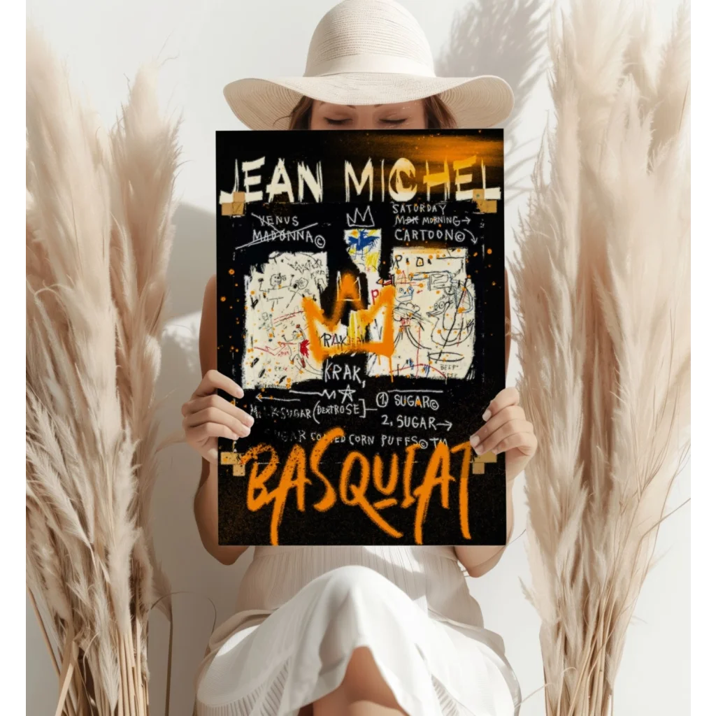 Vibrant Basquiat graffiti art black poster with orange white lettering, 4-piece aluminum print set