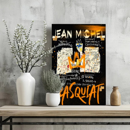 Basquiat graffiti art aluminum print set: black canvas with bold orange white lettering, layered sketches