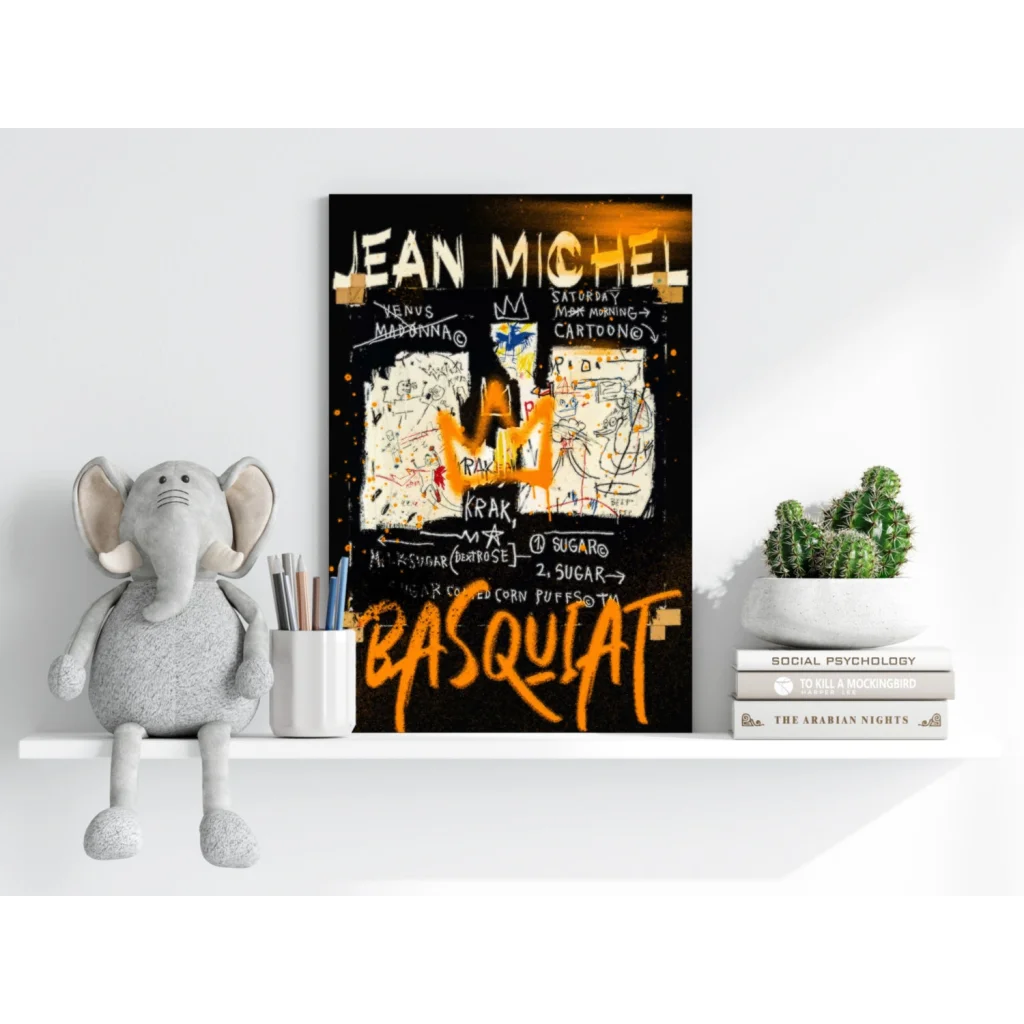 Basquiat graffiti art aluminum print set with orange crown motif