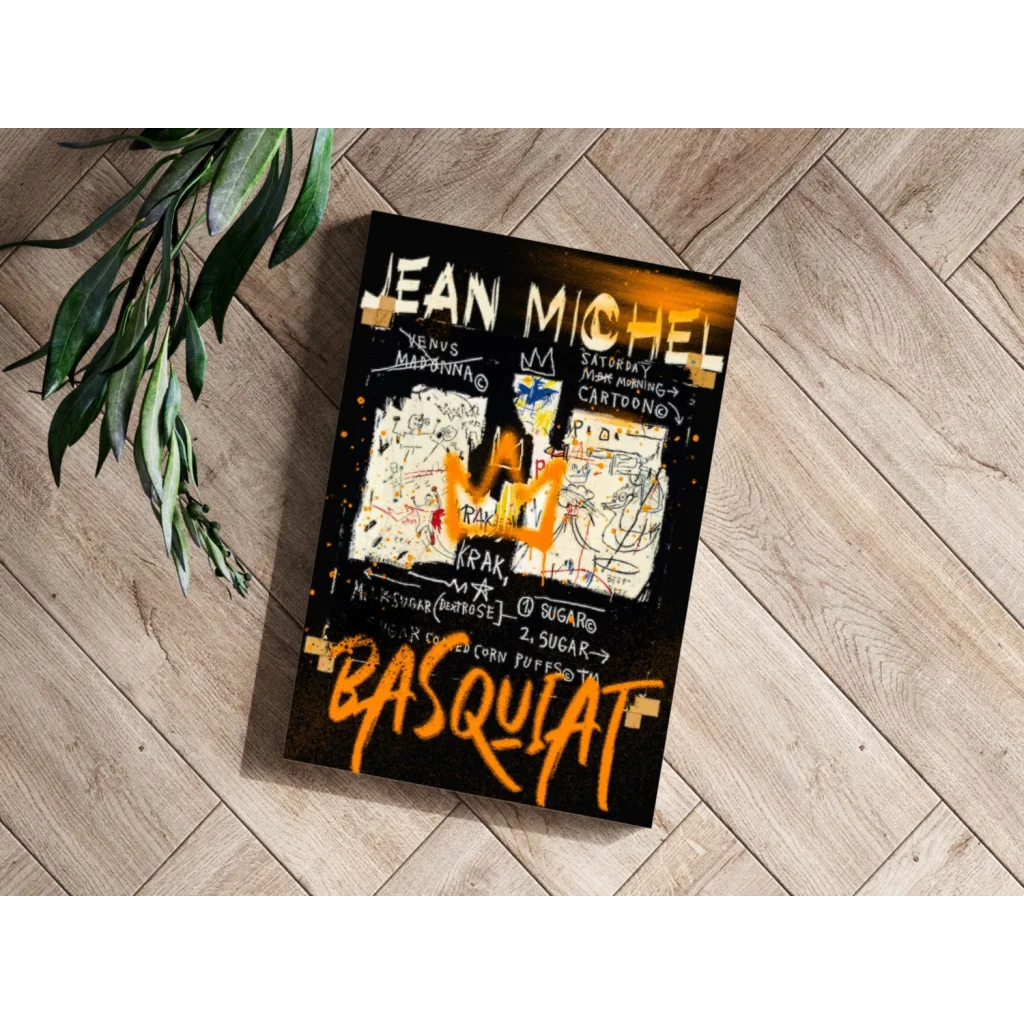 Vibrant orange Basquiat graffiti on black 4-piece aluminum print set