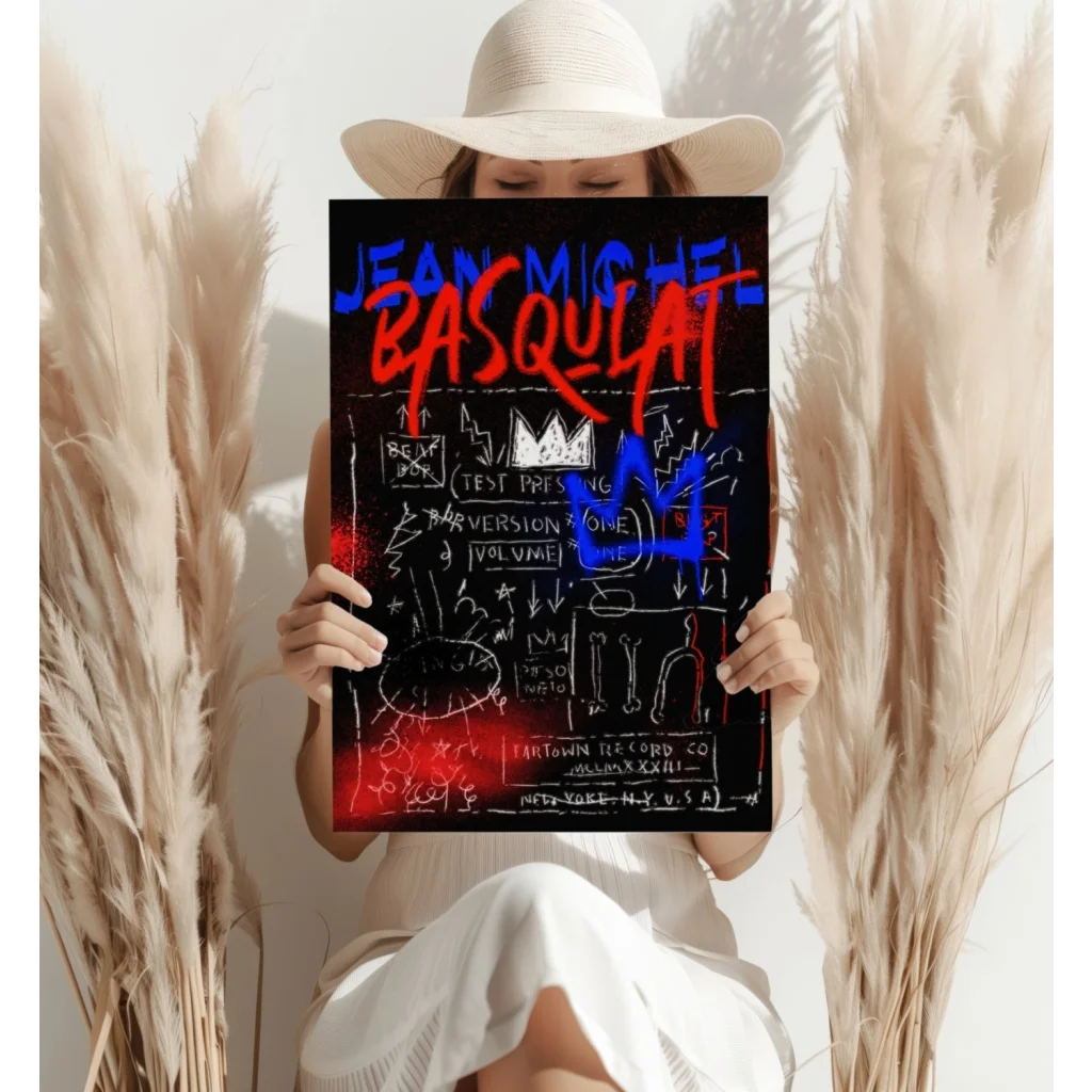 Jean-Michel Basquiat poster in bold red and blue aluminum wall art