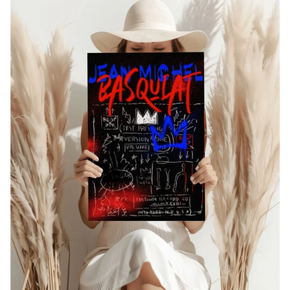 Jean-Michel Basquiat poster in bold red and blue aluminum wall art