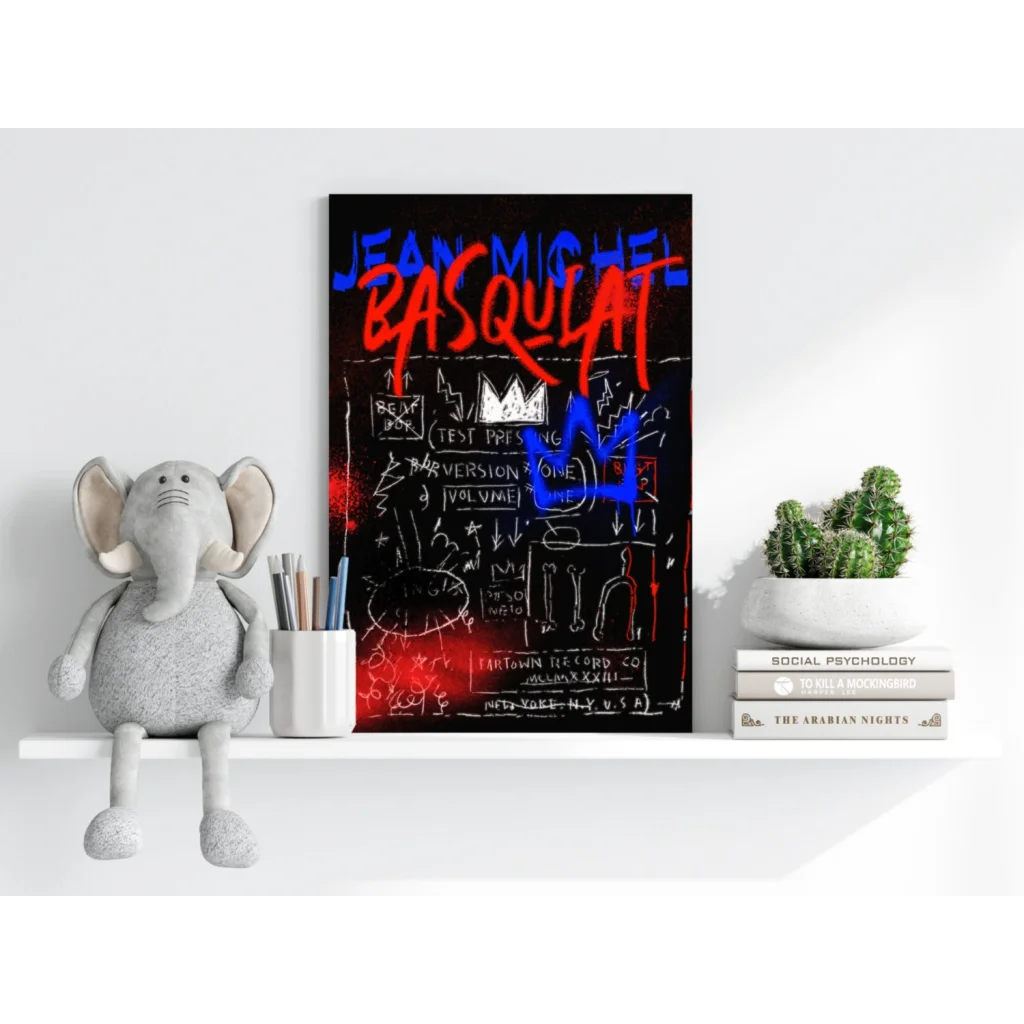 Black and white elephant plush toy in Basquiat style wall art