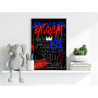 Black and white elephant plush toy in Basquiat style wall art