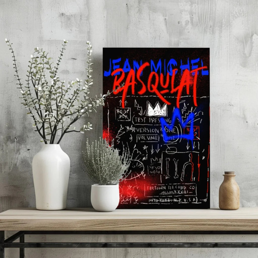 Vibrant red and blue Basquiat-inspired aluminum wall art poster on black background
