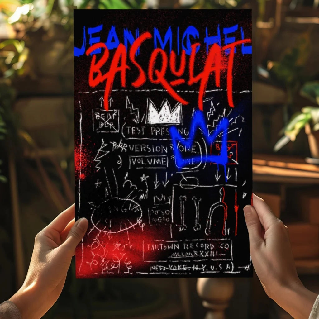 Basquiat inspired aluminum wall art poster in bold red and blue