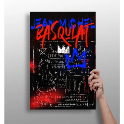 Basquiat inspired black red poster with blue text aluminum wall art