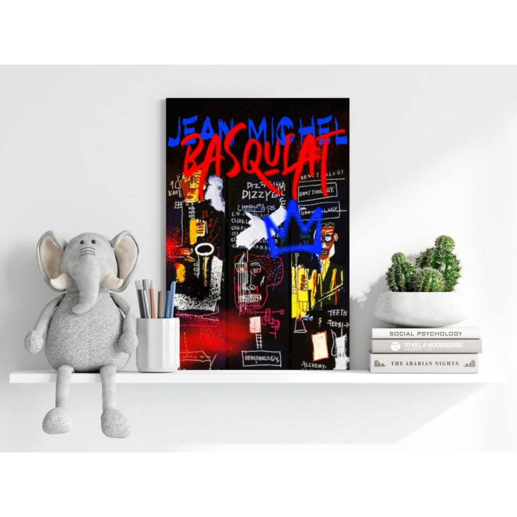 Gray plush elephant toy on Basquiat Neon Canvas shelf