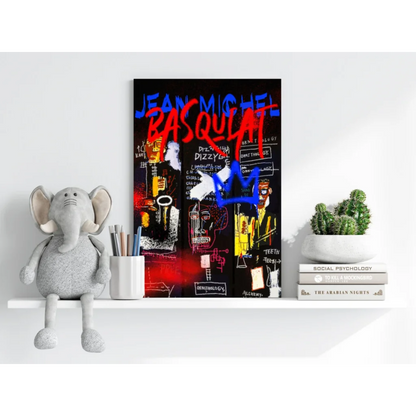 Gray plush elephant toy on Basquiat Neon Canvas shelf