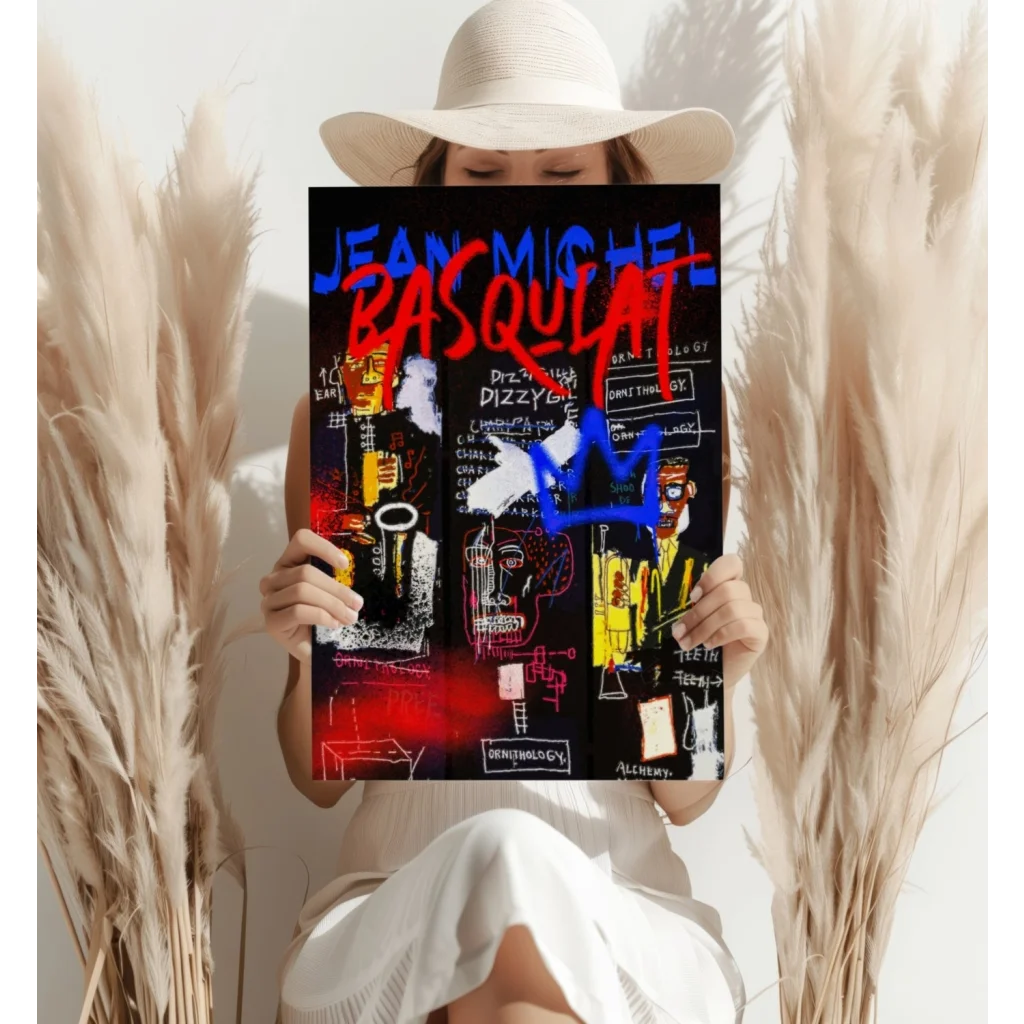 Vibrant Jean Michel Basquiat poster on neon canvas aluminum print set