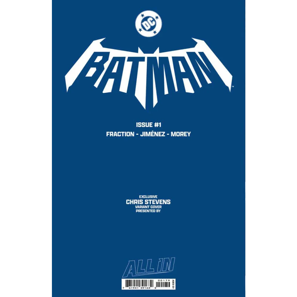 Blue Batman comic cover with white text and emblem by Jorge Jimenez and Matt Fraction