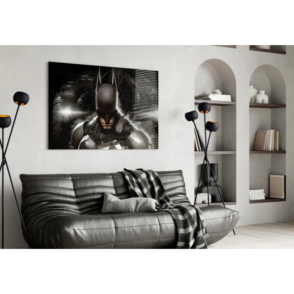 Batman armored suit glass wall art poster on wall