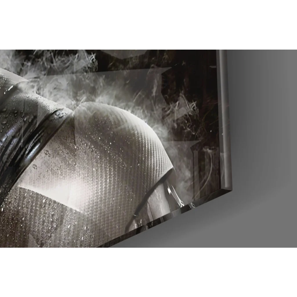 Batman armored suit glass wall art with silver metallic shower head