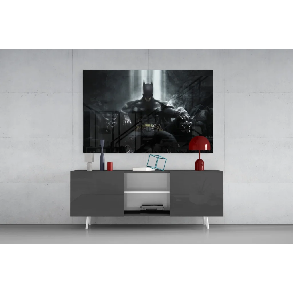 Dramatic black and white Batman glass wall art with dark knight silhouette