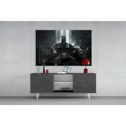 Dramatic black and white Batman glass wall art with dark knight silhouette