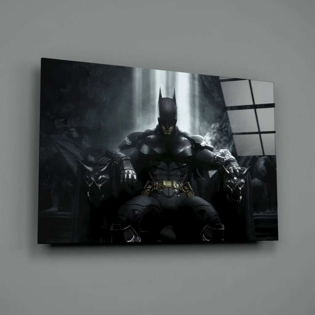 Batman Armored Suit glass wall art print in black and white